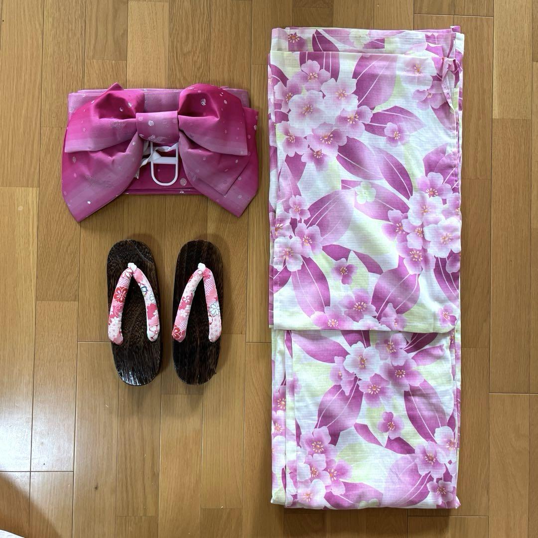 【美品】桜 ピンク 3点セット 浴衣 作り帯 下駄 桃色 かわいい 黄色 白