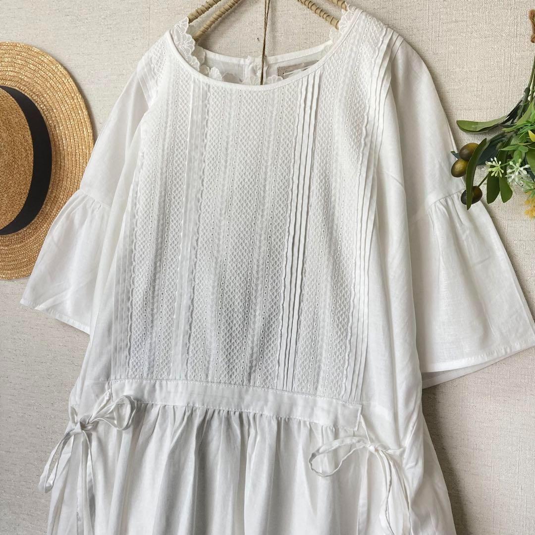 新品★サマンサモスモス★オフ＊胸元レース＊サイドリボンフレアスリーブワンピース