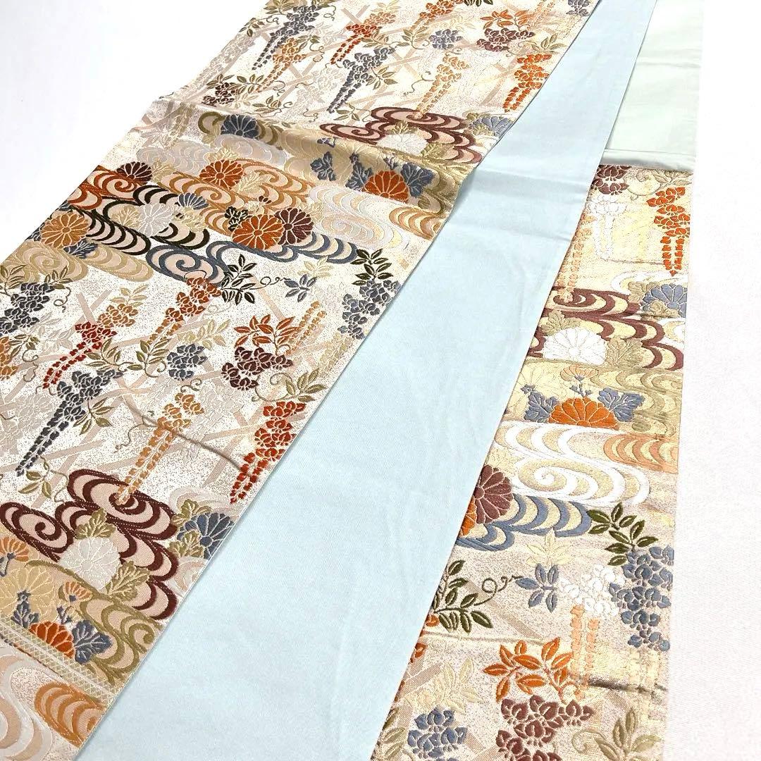 袋帯 観世水 菊花 藤 格子 華やか 着物 帯 041k 袋帯 観世水 菊花 藤 格子 華やか 着物 帯 041k