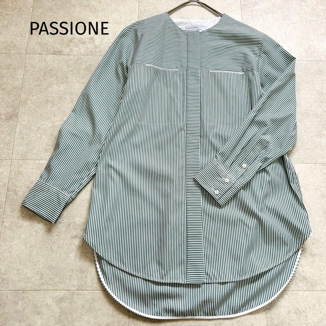 【PASSIONE】 パシオーネグリーンホワイトストライプ 長袖シャツ　M 春夏