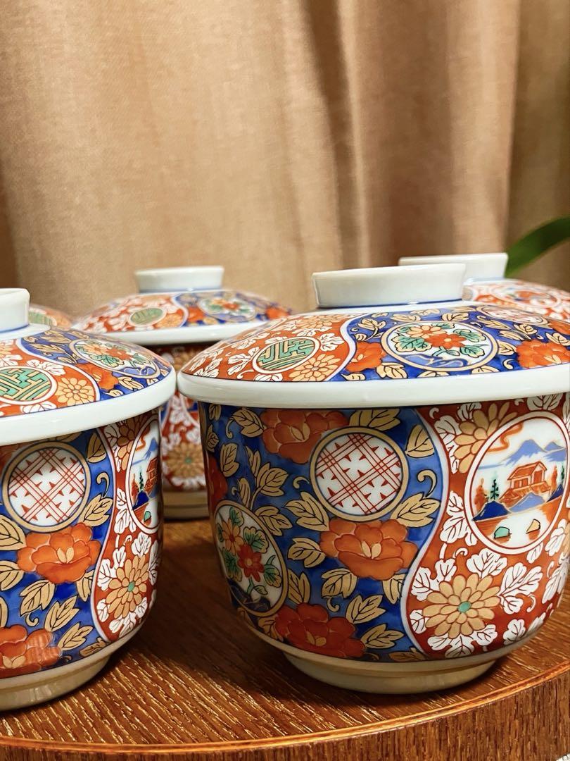 有田焼 龍峰窯 蒸し碗揃 5客 茶碗蒸し 色絵 金彩 古伊万里 赤絵丸紋 染付