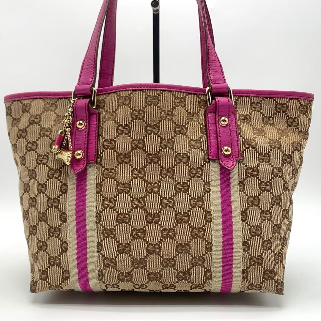 GUCCI GGキャンバス シェリーライン トートバッグ 肩掛け可 ピンク