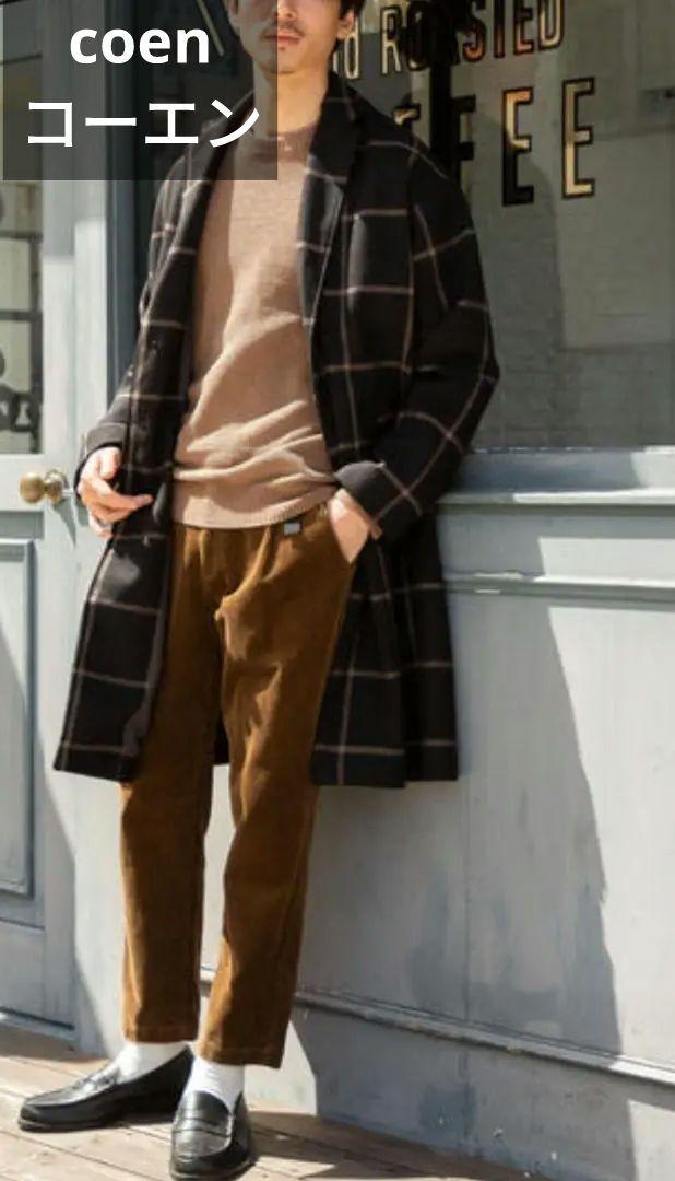 coen コーエン ワイドフィットブリティッシュチェックチェスターコート М 黒