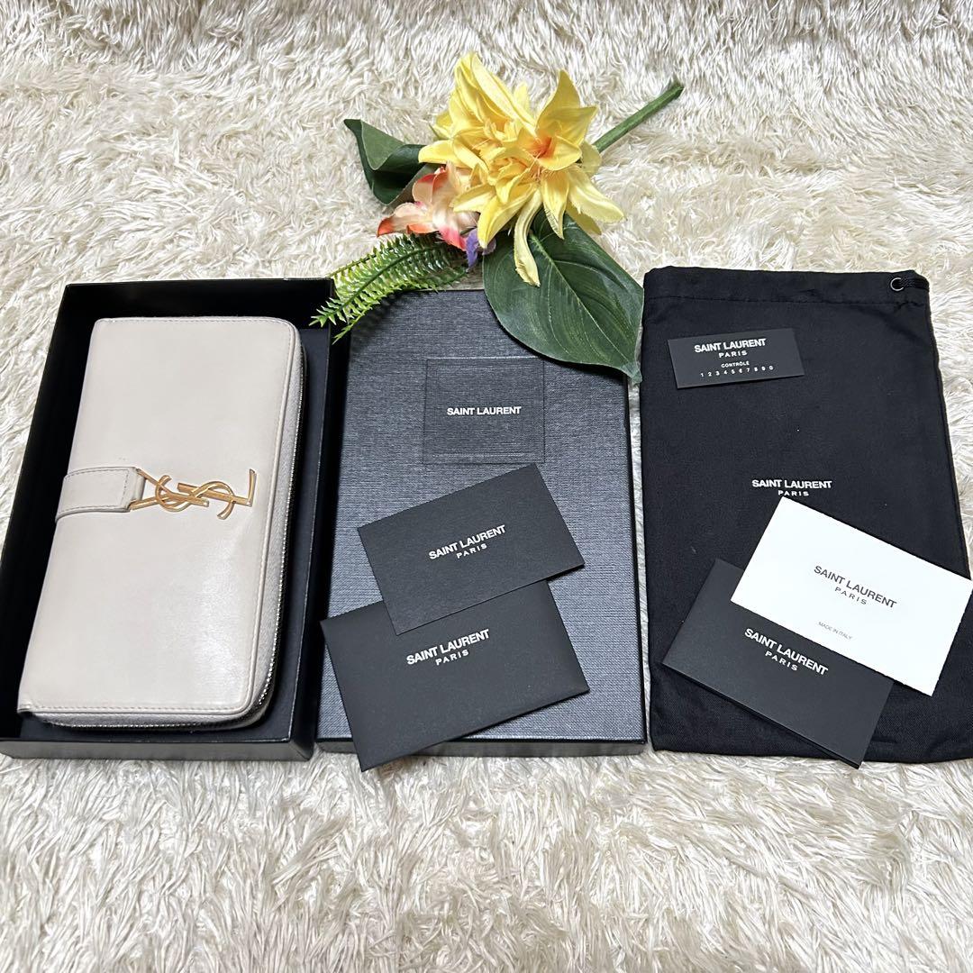 付属品完備 サンローラン ラウンドファスナー長財布 カサンドラYSL ベージュ