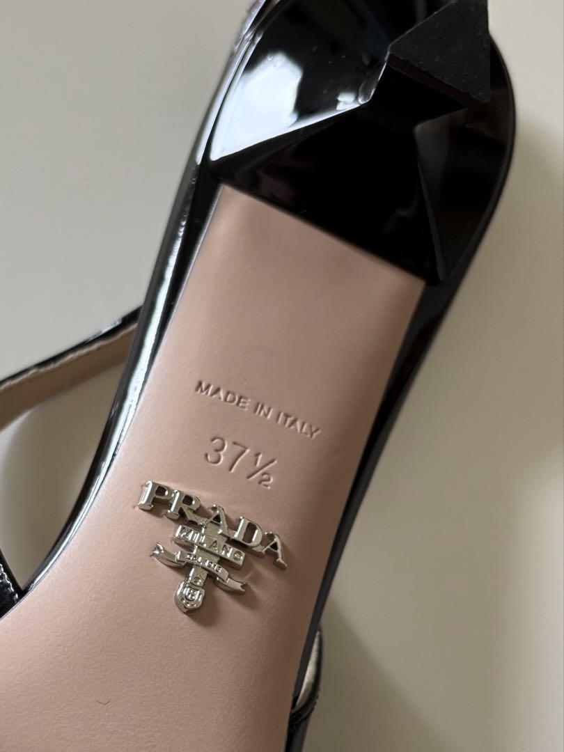 美品 PRADA ロゴ スリングバックパンプス エナメル ブラック 37.5