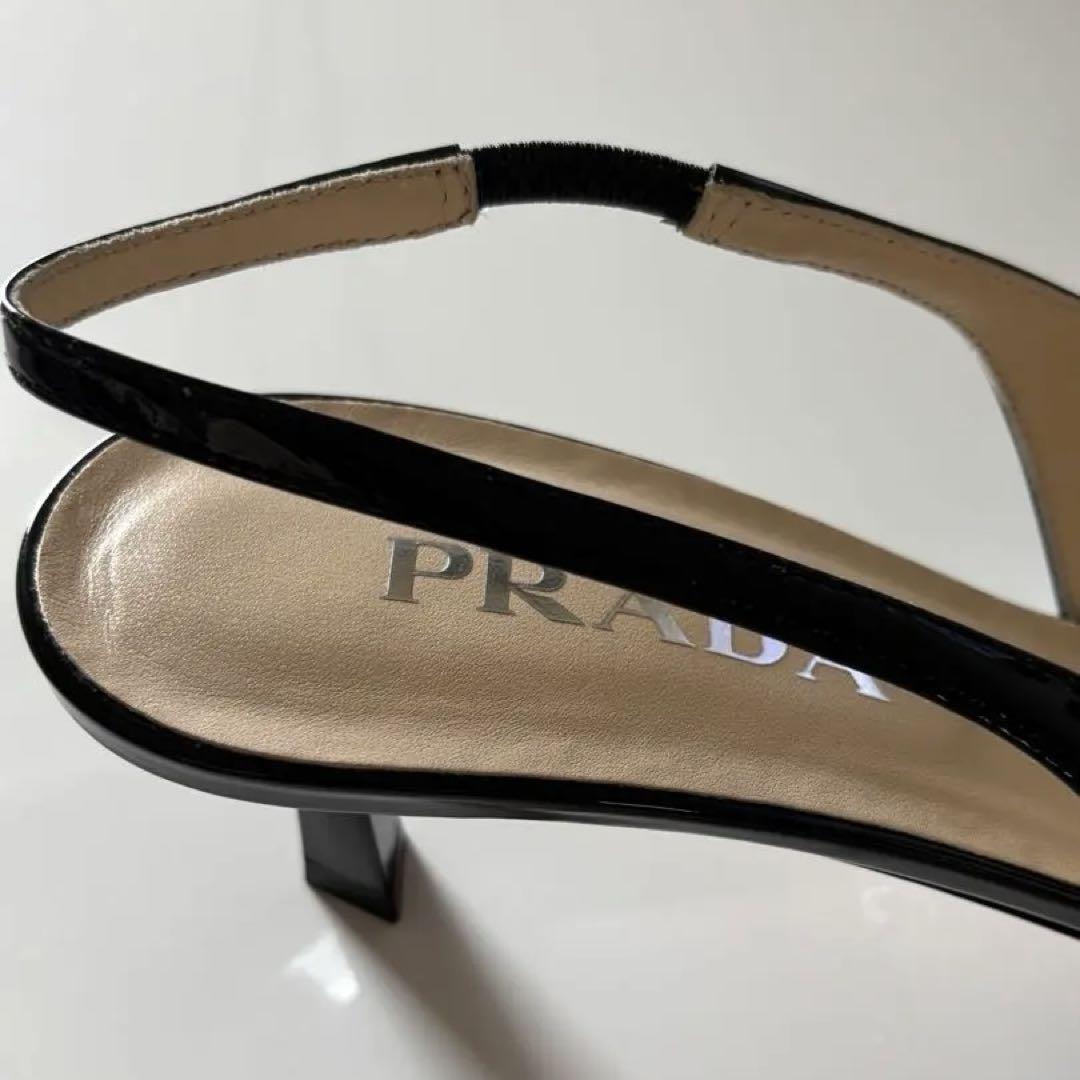 美品 PRADA ロゴ スリングバックパンプス エナメル ブラック 37.5