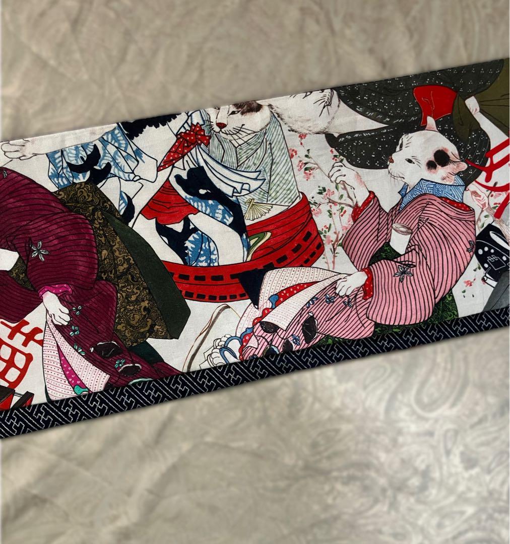 半幅帯妖怪猫浮世絵猫鳥獣戯画長尺和装着物化け猫猫柄紗綾形藍