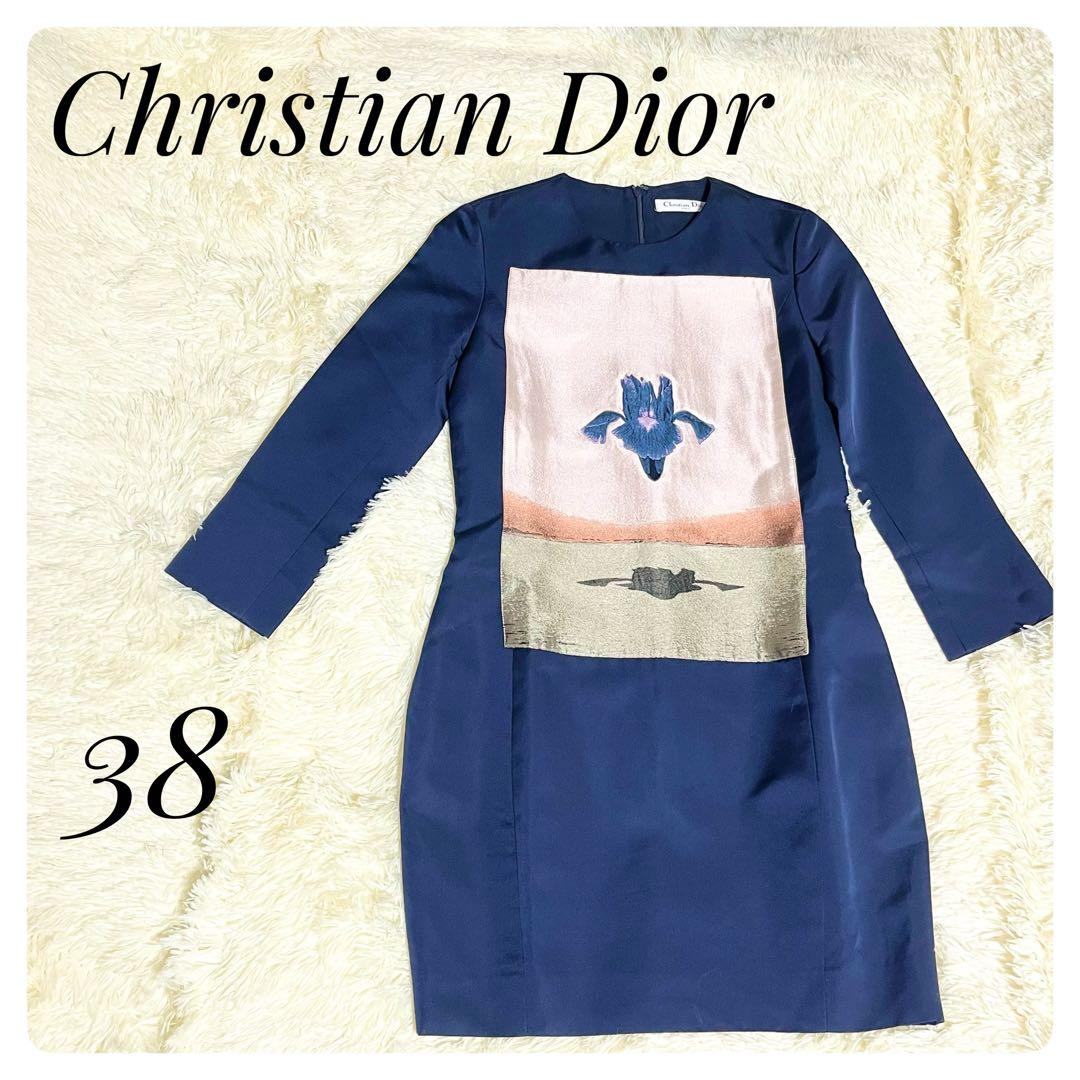 Christian Dior ネイビー ワンピース 38シルク七分袖 和M・Christian Dior