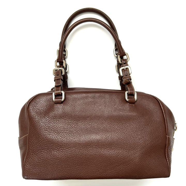 として PRADA レザー ロゴ刻印 ラウンドファスナー 鞄 e1x3Y-m55407122396 プラダ トートバッグ 本革 ブラウン