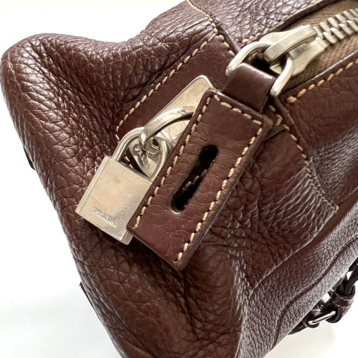 として PRADA レザー ロゴ刻印 ラウンドファスナー 鞄 e1x3Y-m55407122396 プラダ トートバッグ 本革 ブラウン