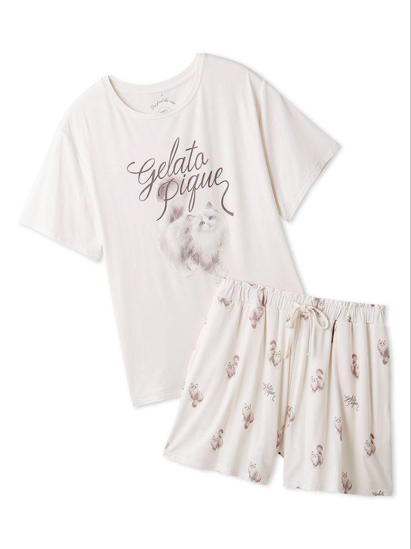 ジェラートピケ CAT柄ワンポイントTシャツ＆ショートパンツセットアイボリー