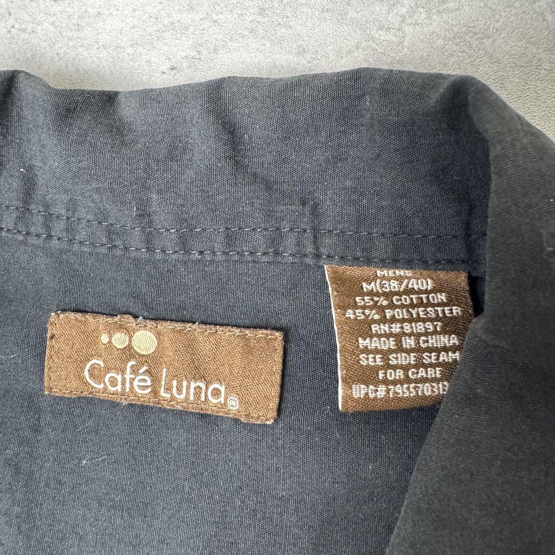 Cafe Luna プリーツ 開襟シャツ キューバシャツ M ブラック 黒 オールブラック 刺繍 キューバシャツ オープンカラー 黒 XL