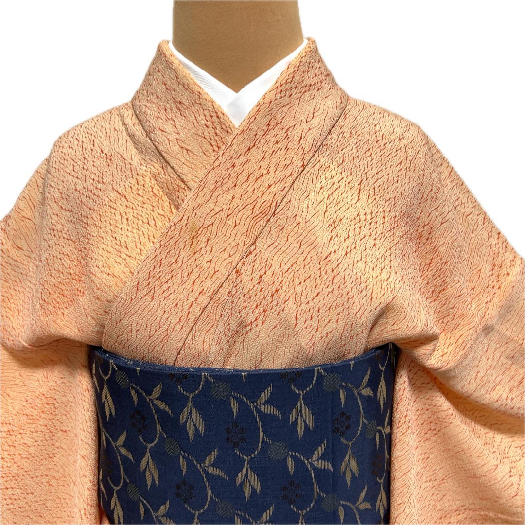 小紋　胴抜き　菱形模様　オレンジ　着物　101t F0728】着物 小紋 単衣 赤オレンジ 正絹 ～147cm セール対象