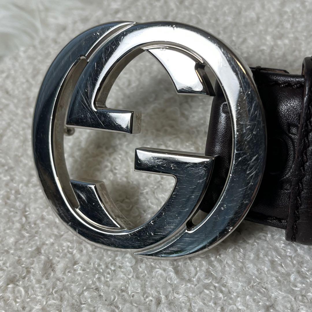 GUCCI　GG柄　ベルト　インターロッキング　シマ　レザー　ブラウン