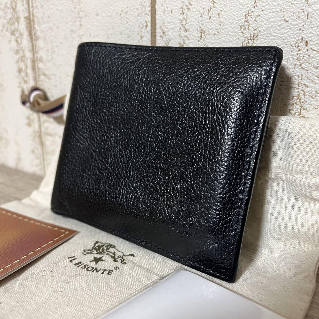 美品 イルビゾンテ 二つ折り財布 黒 レザー ロゴ型押し 保証書付き