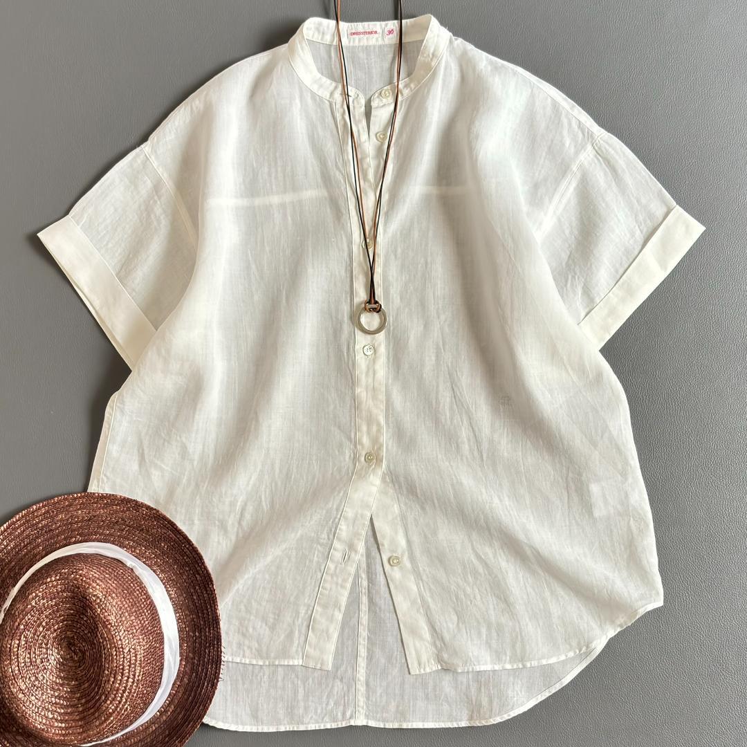 美品 ドレステリア 麻 リネン 100％ シャツ ブラウス 半袖 白 刺繍入り 美品 ドレステリア 麻 リネン 100％ シャツ ブラウス 半袖 白