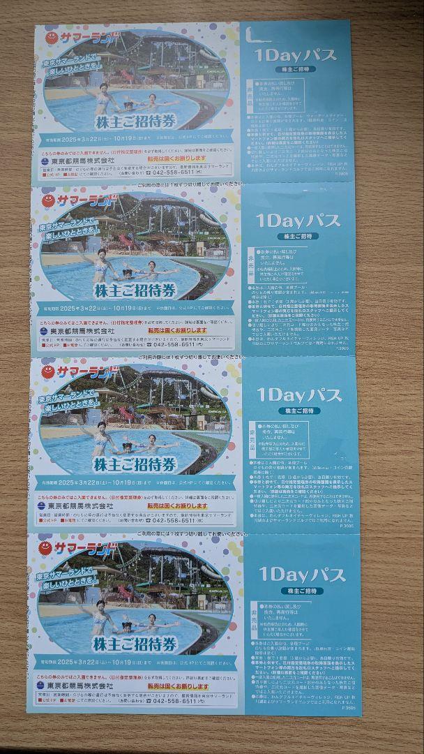 東京サマーランド 1Dayパス 4枚セット