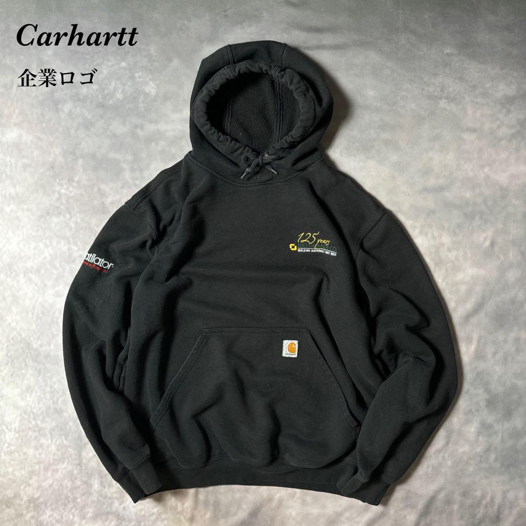J44 古着Carhartt黒SweatParker 企業ロゴ