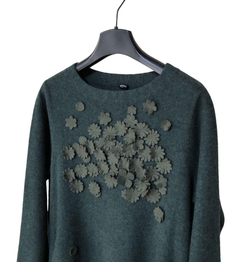 【NEW限定品】 ✨美品✨45R✨フロートニットのフラワーフリルドレス✨Green ワンピース