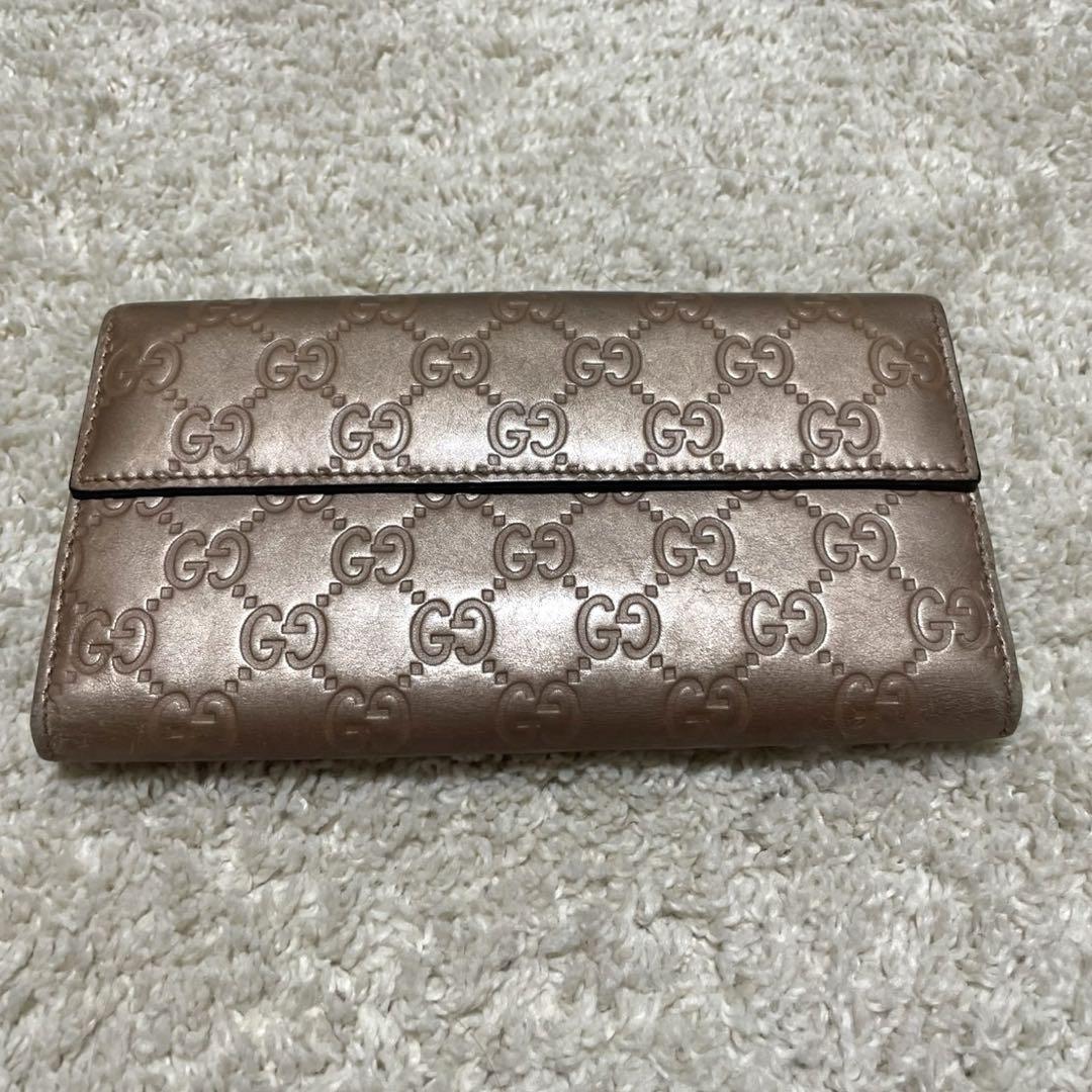 GUCCI シマ レザー ハート ピンクゴールド 長財布 箱付き 中古品