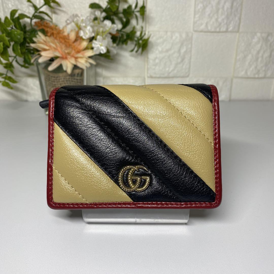 極美 GUCCI キルティング レザー GG マーモント ミニ ウォレット 財布