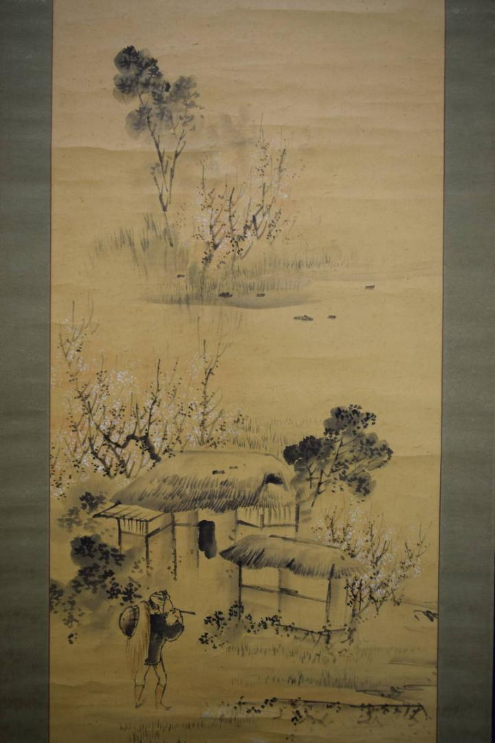 真作/里見雲嶺/梅花山水人物図/布袋屋掛軸HF-761 真作/里見雲嶺/梅花山水人物図/布袋屋掛軸HF-761 美術品