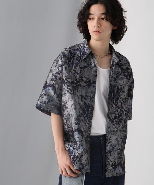 【美品】HARE ジャガードブラーフラワーシャツ ブルー ブラウス