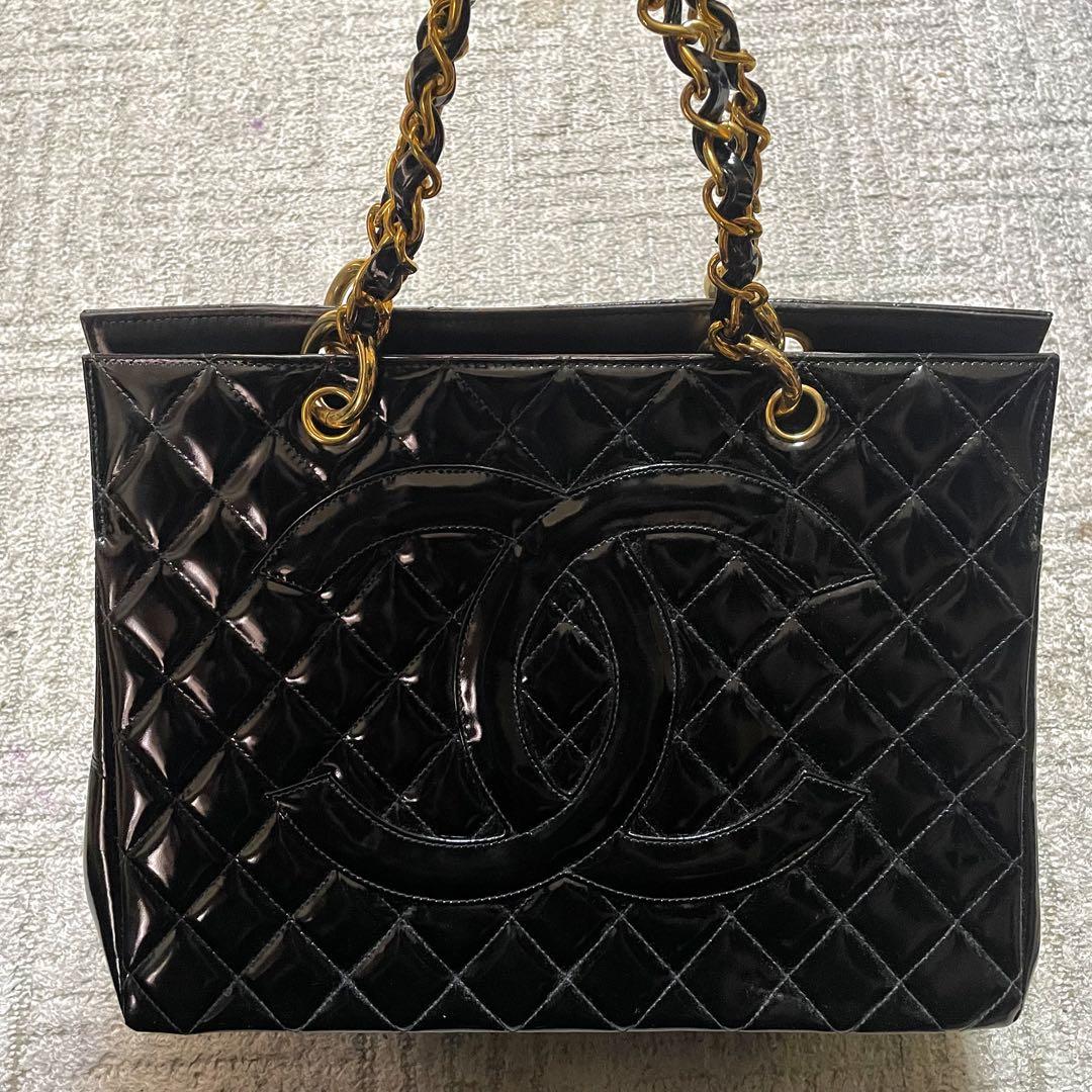 CHANEL チェーンハンドバッグ マトラッセ 黒 エナメル デカココ