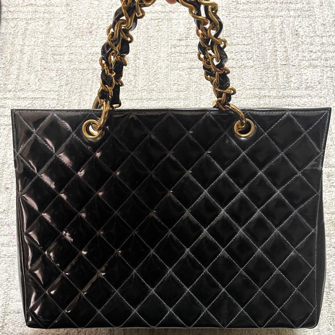 CHANEL チェーンハンドバッグ マトラッセ 黒 エナメル デカココ
