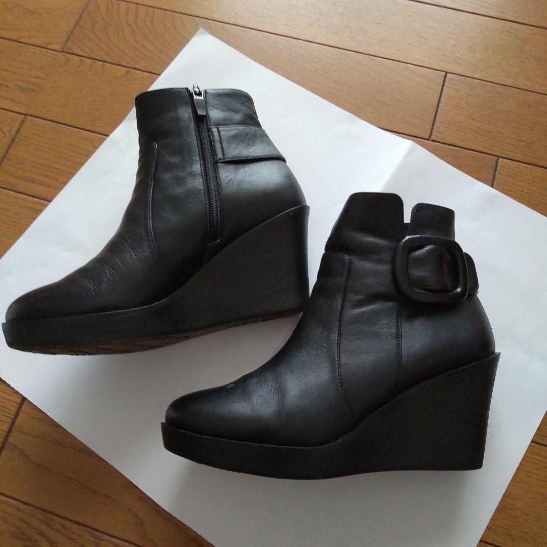 ブラック レザー ウェッジブーツ バックル付き ヒール約8cm