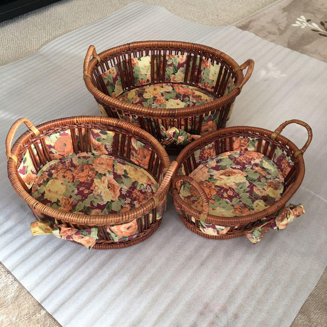 ラタン製花柄バスケット3個セット