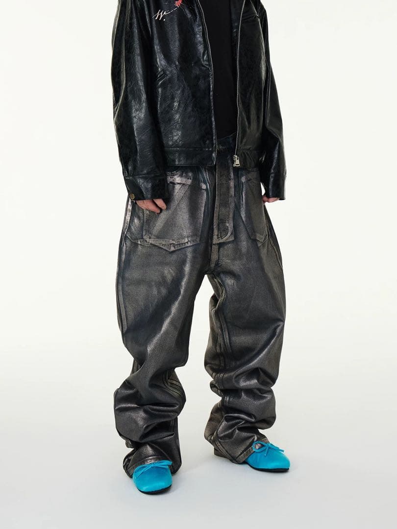 ASTT Studio メタリックグレー ワイドデニムパンツ