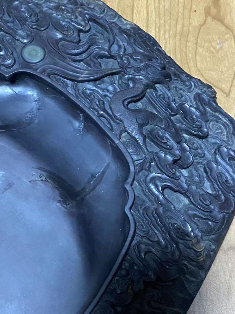 中国端溪硯石眼硯老坑龍魚彫文房四宝 年代物32cmx32x7.9cm重