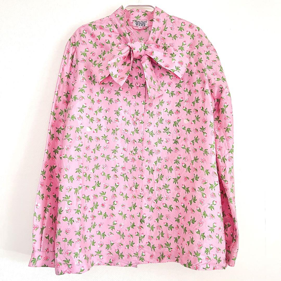 【美品♡】vintage 花柄リボン付き長袖シャツ ピンク シルク♡パリで購入
