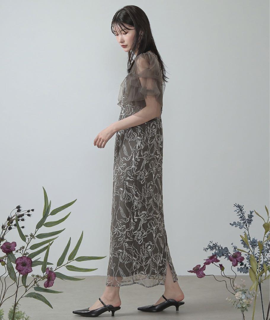 Kana 刺繍レース チュールスリーブ コクーン チャコールグレー