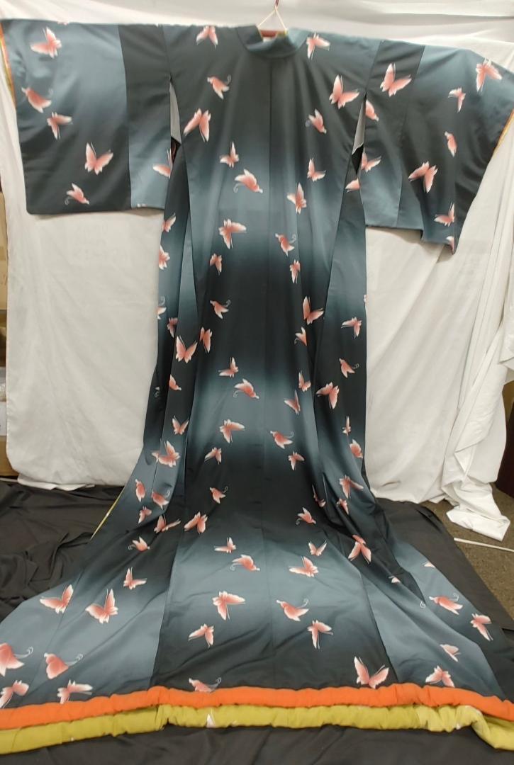 【KA04】すそ引き 黒 グレー 蝶 帯付き 着物 大衆演劇