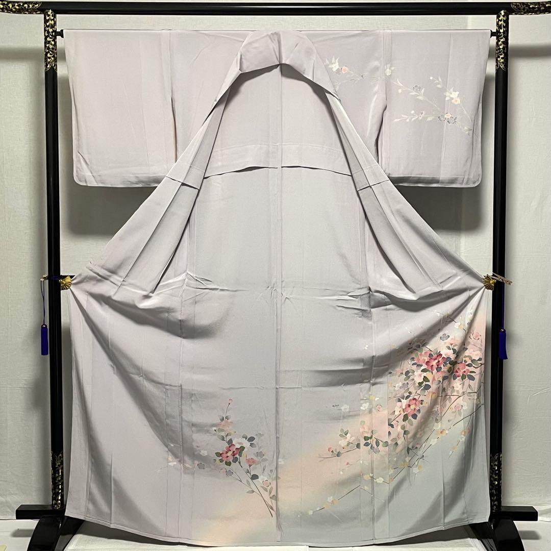 D37 訪問着　単衣　友禅　花模様　グレー系　正絹　着物　未使用極美品 D37 訪問着 単衣 友禅 花模様 グレー系 正絹 着物 未使用極美品
