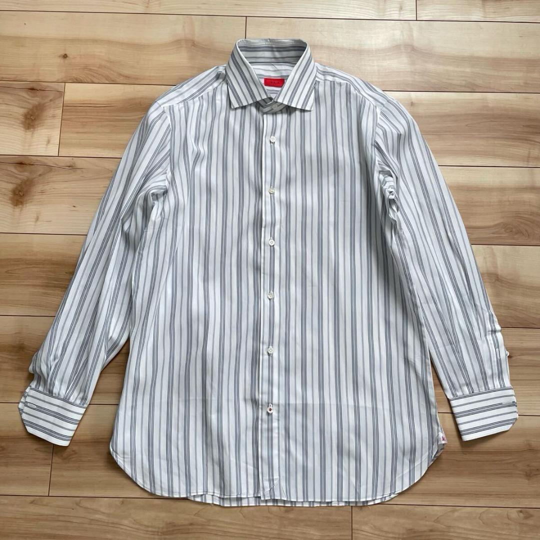 【美品】ISAIA イザイア ホリゾンタルカラー ストライプ 長袖シャツ