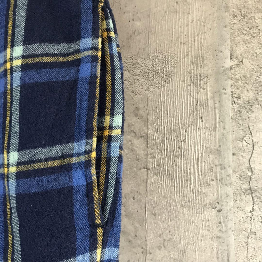 Z3644古着 チェックパンツ パジャマパンツ 紺 青 水色 黄 90s