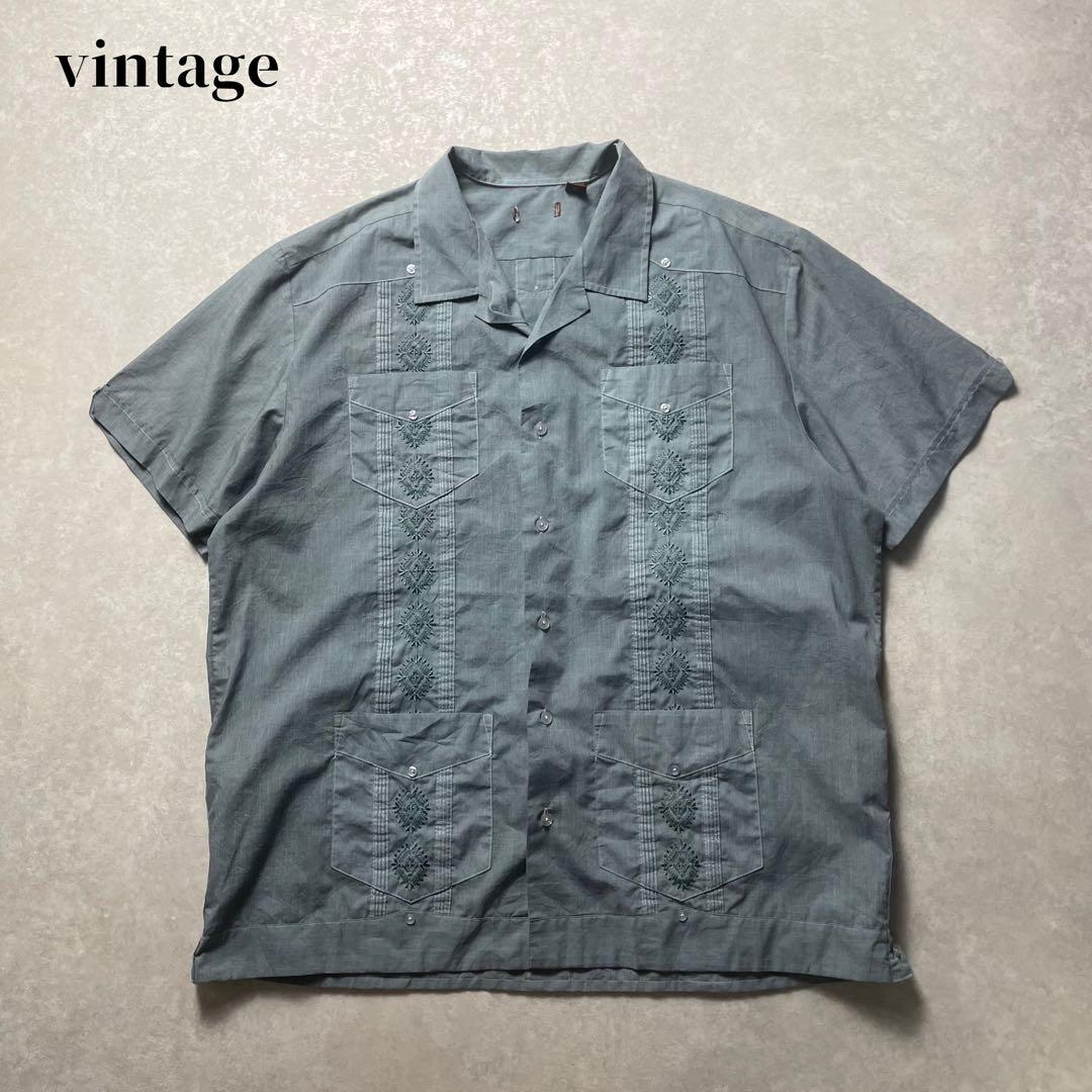 vintage キューバシャツ 半袖 グレー オープンカラー開襟刺繍グリーン古着トップス