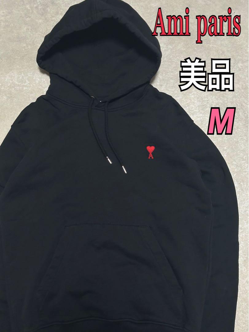 Ami paris プルオーバー パーカー M ブラック 刺繍ロゴ 胸ロゴ