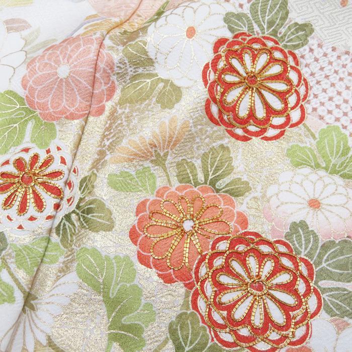 花の図 松竹梅 宝尽くし 金駒刺繍 地模様 乳白色 訪問着 A695-6