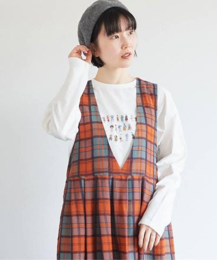 l'atelier du savon★もじゃっとしたチェックのＶネックワンピース