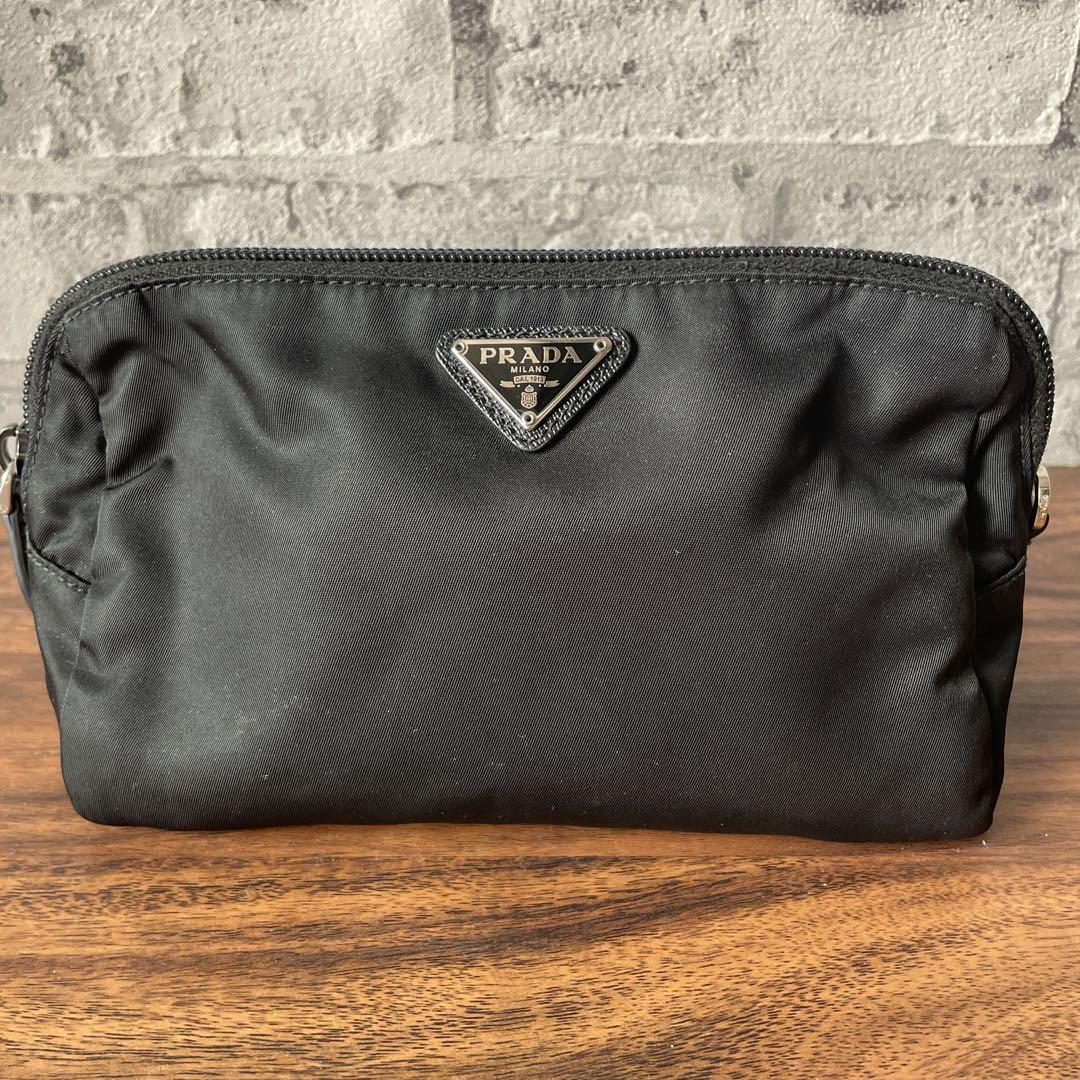 美品】プラダ ミニポーチ テスートナイロン 三角ロゴ ブラック G
