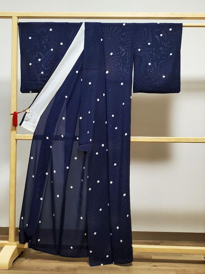 A 夏物 水玉模様 絞り ドット 紺色 正絹 薄物 絽 紗 小紋 着物 A 夏物 水玉模様 絞り ドット 紺色 正絹 薄物 絽 紗 小紋 着物