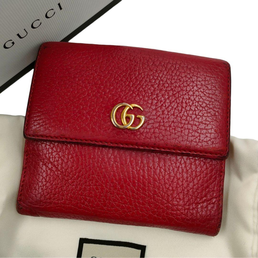 新品登場 GUCCI グッチ レッド レザー 二つ折り財布 GGマーモント 小物