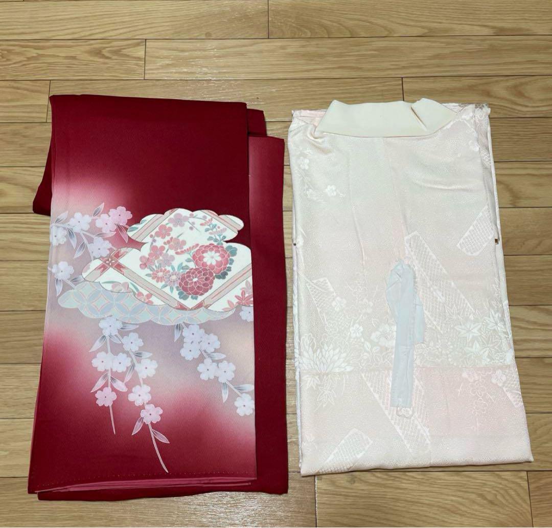 ★着物❗️付け下げ&長襦袢&帯３点セットワインカラー付け下げ身丈156cm