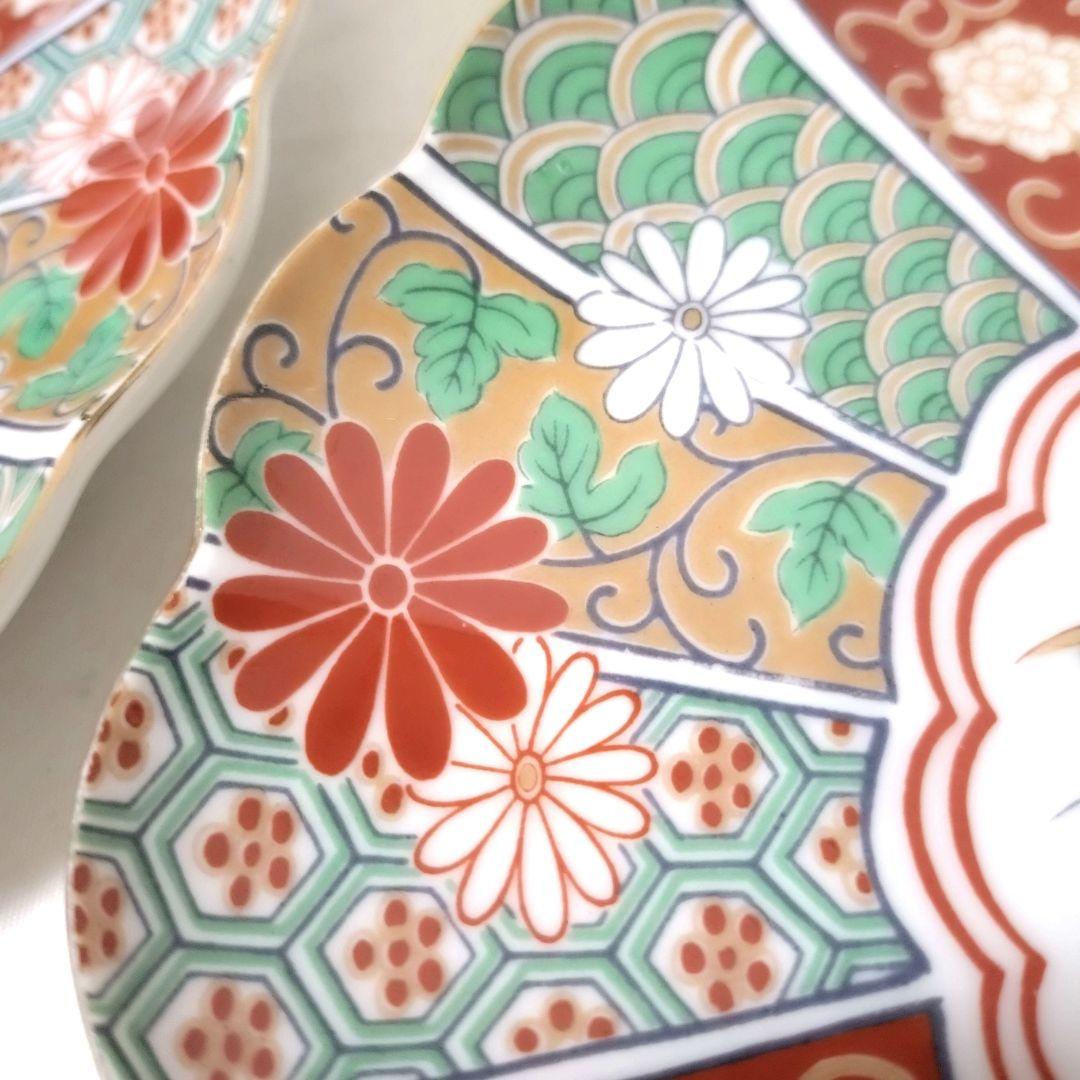未使用品 有田焼 陶扇 銘々皿 4枚 中皿 菊割皿 錦絵 赤絵 金彩
