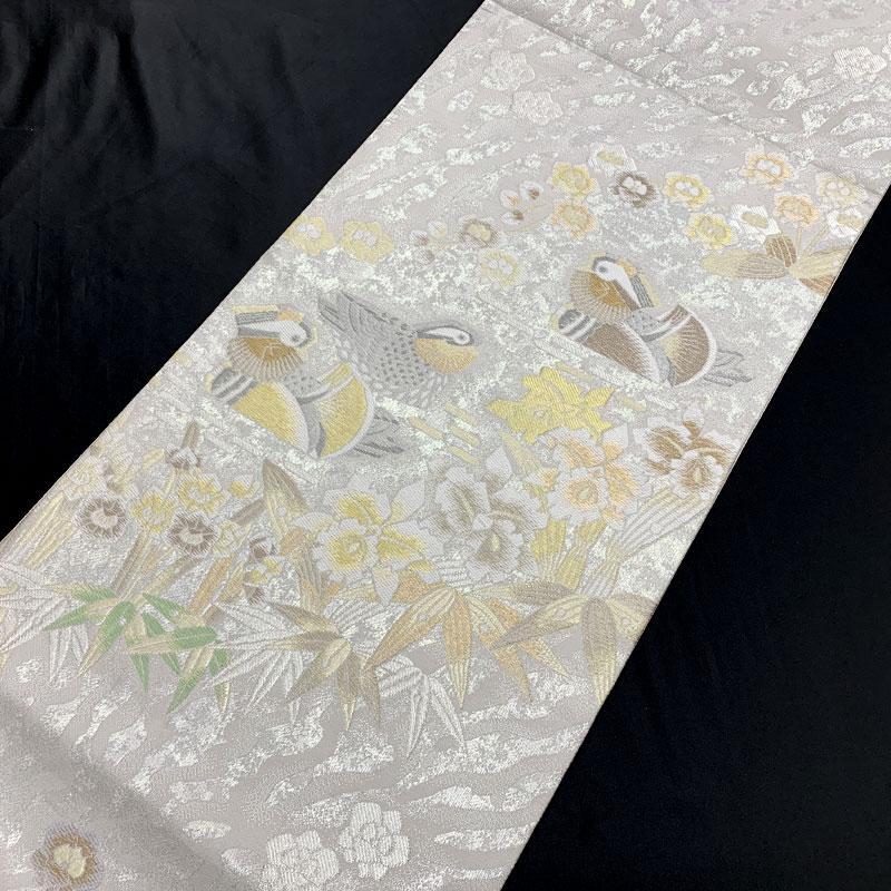 411my22◇羽田登喜男 纐纈（こうけち）織 鴛鴦 銀糸 ラメ糸 袋帯◇美品