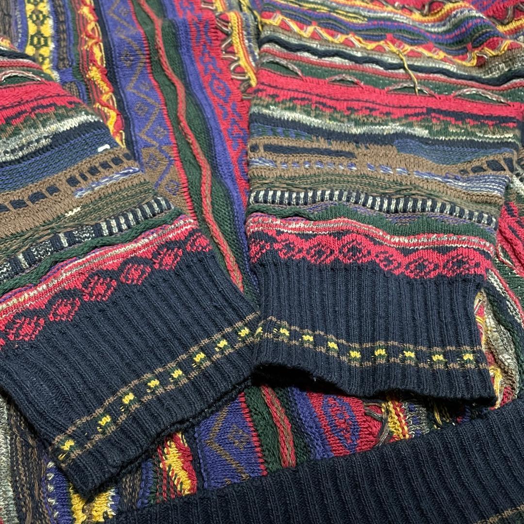 ブルガリア製総柄3Dニットセーター古着立体刺繍縦縞カラフル縦縞